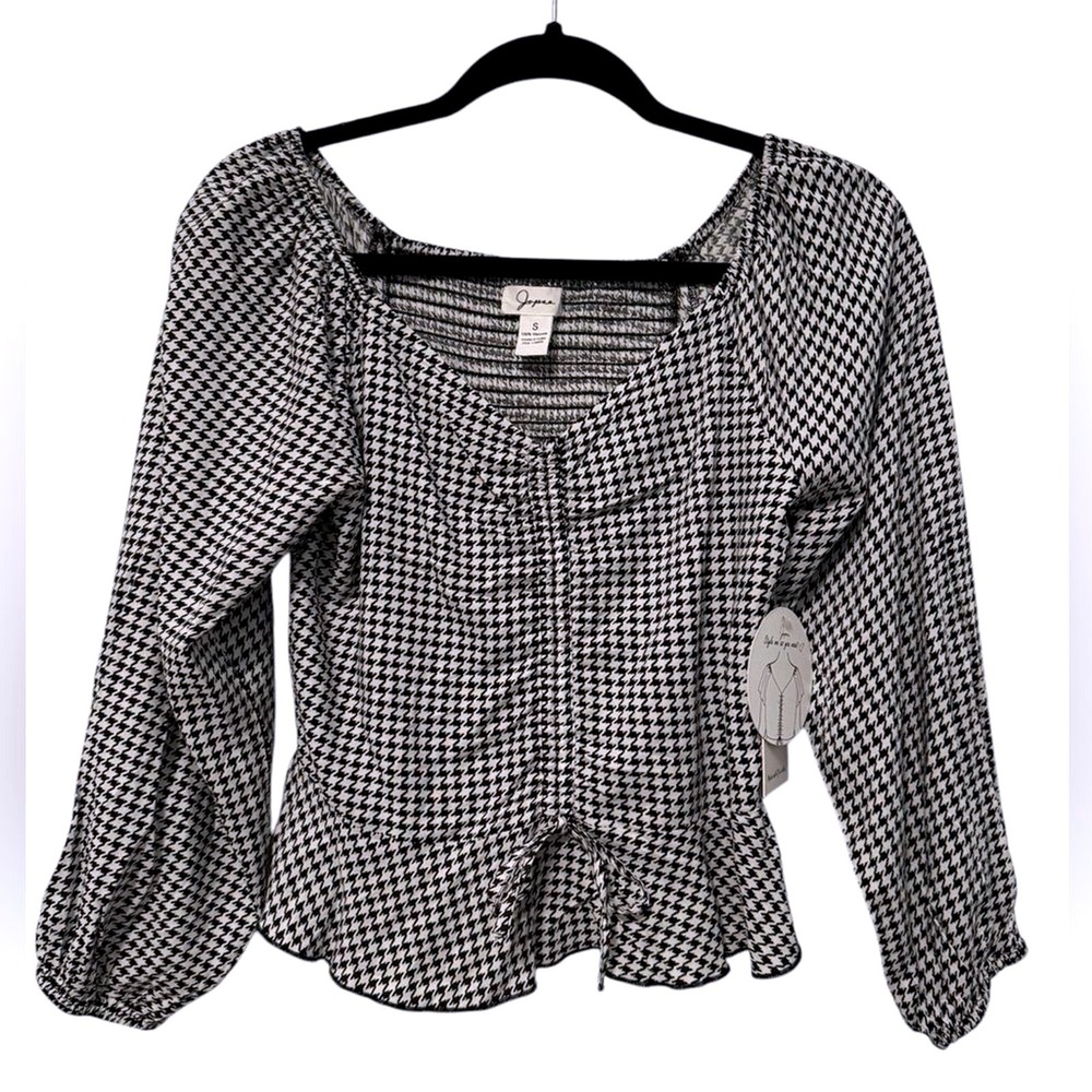Japna Womens Houndstooth Smocked Peplum Top Black White Long Puff‎ Sleeve Small